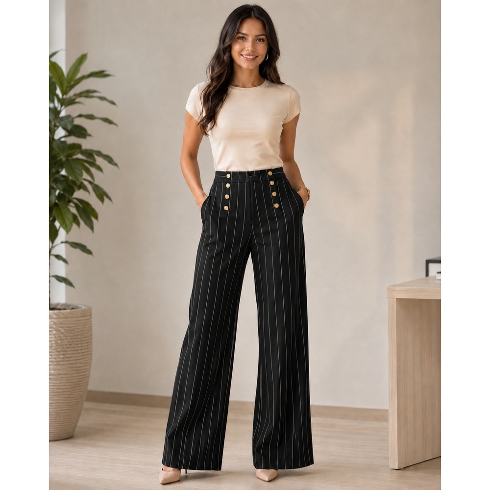 Nanette Lepore‎ Office Siren Pinstripe Wide Leg Black Dress Pants Black 35x34 8